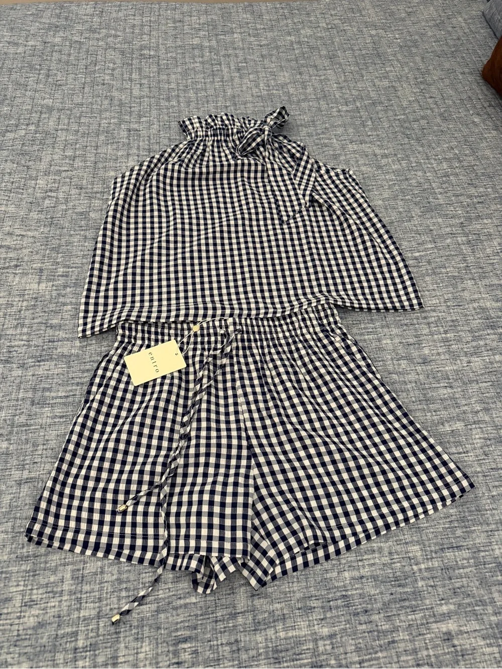 entro Navy and White Gingham Shorts Set - Picture 1 of 5